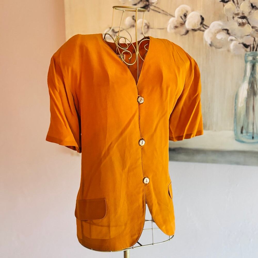 Silk Land 100% Silk Blouse Jacket L Burnt Orange Shoulder Pads 80s 90s